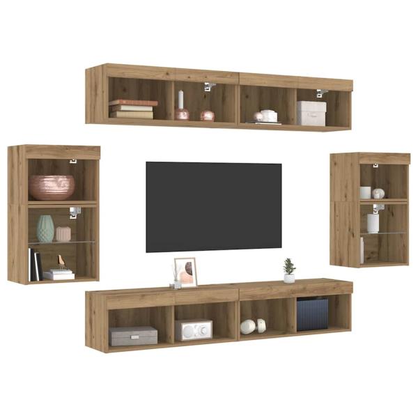 8-teilige TV-Wandkonsole mit LED Artisan Eiche Holzwerkstoff