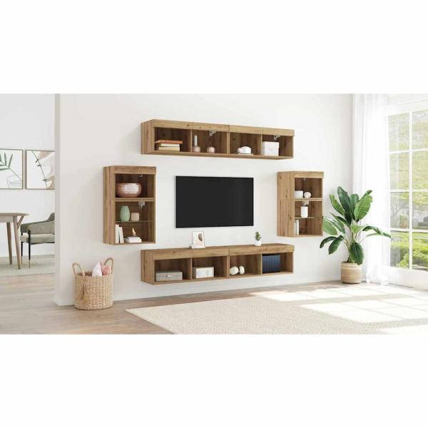 8-teilige TV-Wandkonsole mit LED Artisan Eiche Holzwerkstoff