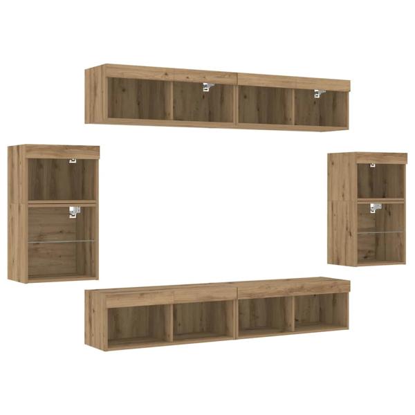8-teilige TV-Wandkonsole mit LED Artisan Eiche Holzwerkstoff