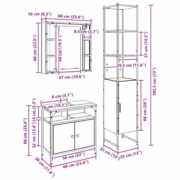 3-teiliges Schminktisch-Set in geräucherter Eiche, engineered Wood