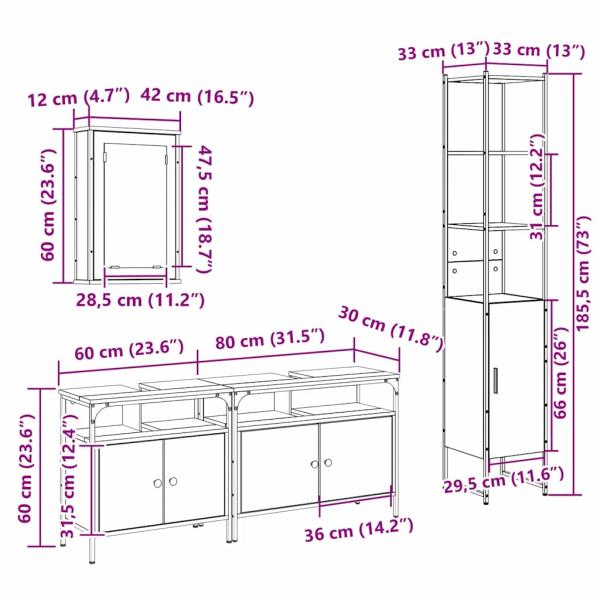 4-teiliges Badezimmer Möbelset Schwarze Eiche Holzwerkstoff