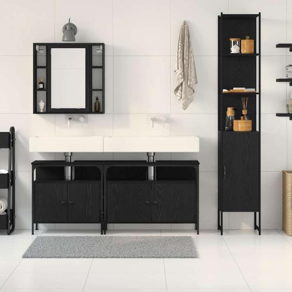 4-teiliges Badezimmermöbel-Set Schwarz Eiche Holzwerkstoff