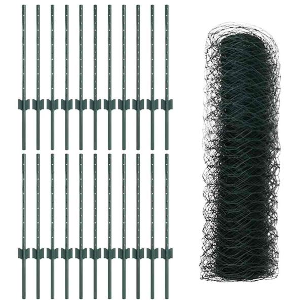 Zaun Pfosten 11 Stück U-Kanal Grün 60 cm Stahl, Sechseckzaun Grün 0,5x50 m Stahl