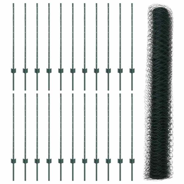 Zaunpfosten 11 Stk U-Kanal Grün 100 cm Stahl, Sechseckzaun Grün 1x50 m Stahl