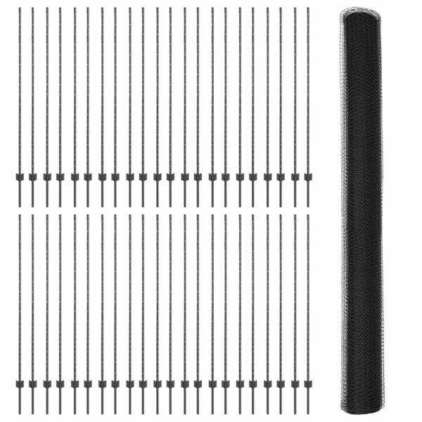 Zaunpfosten 22 Stück U-Profil Grau 160 cm Stahl, Sechseckzaun Grau 1,6x100 m Stahl