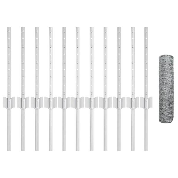 Zaunpfosten 11 Stück U-Kanal 40 cm verzinkter Stahl, Sechseckzaun 0,4x25 m verzinkter Stahl
