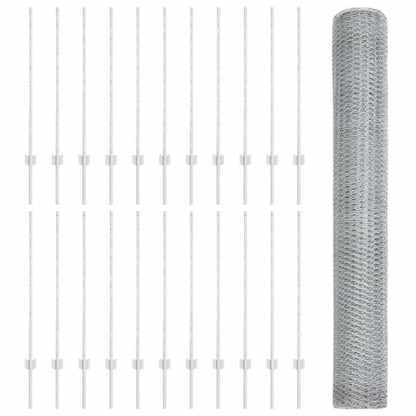 Zaunpfeiler 10 Stück U-Kanal 120 cm Feuerverzinkter Stahl, Sechseckiger Zaun 1x50 m Feuerverzinkter Stahl