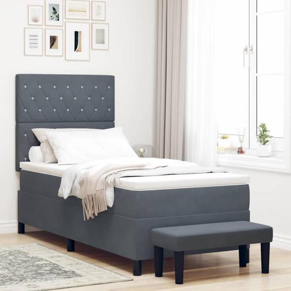ARDEBO.de - Boxspringbett mit Matratze & Bank Dunkelgrau 100x200 cm Samt
