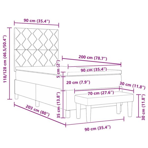 Boxspringbett mit Matratze & Bank Hellgrau 90x200 cm Samt
