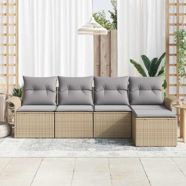 5-teiliges Gartensofa Set mit Kissen - Beige Poly Rattan