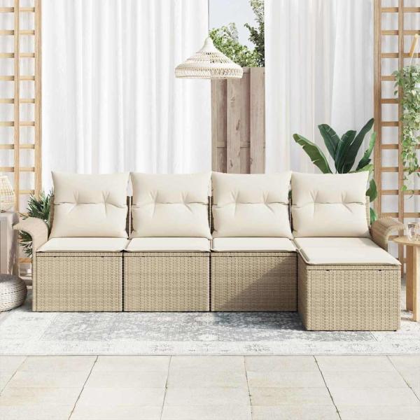 5-teiliges Garten Sofa-Set mit Kissen Beige Poly Rattan