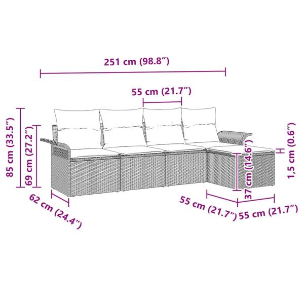 5 teiliges Garten Sofa Set mit Kissen Schwarz Poly Rattan