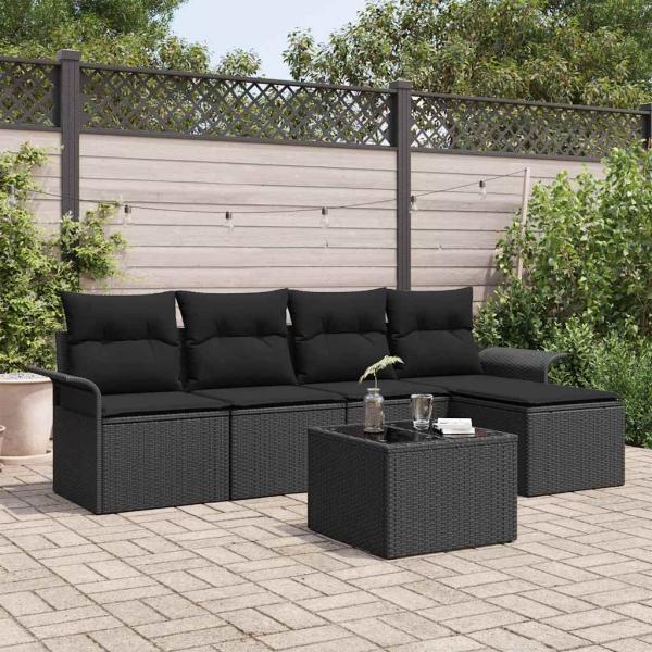 ARDEBO.de - 6-teiliges Garten Sofa Set mit Kissen Schwarzes Poly Rattan