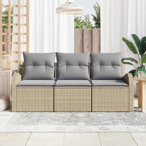 3-teiliges Garten-Sofa-Set mit Kissen Beige Poly Rattan