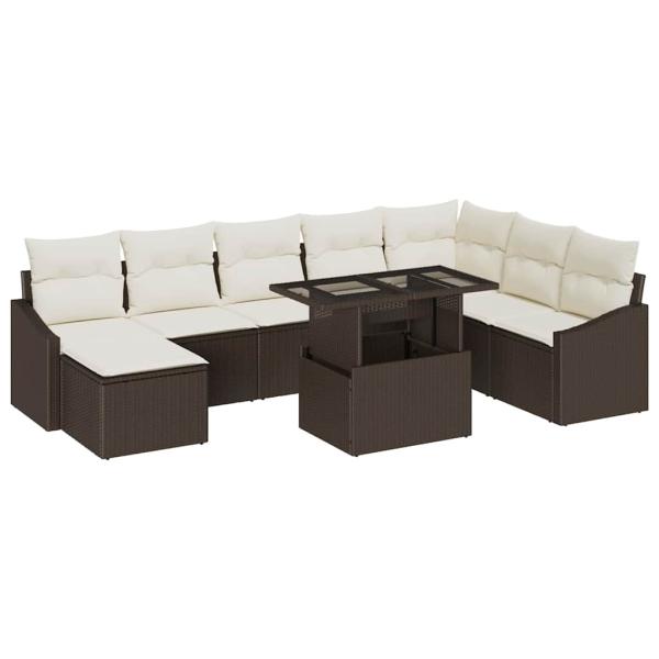 Sofa Set mit Kissen 9 pcs Braun und Creme Poly-Rattan