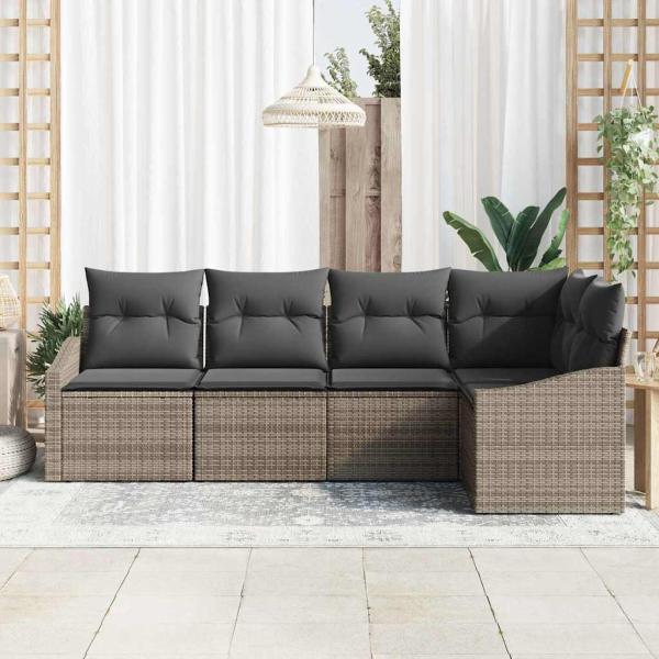 5-teiliges Garten-Dining-Set mit Kissen Grau Poly Rattan