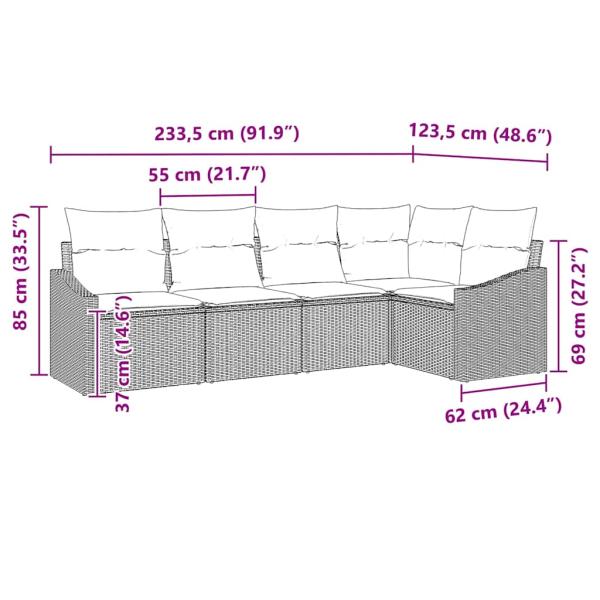 5-teiliges Garten-Dining-Set mit Kissen Grau Poly Rattan