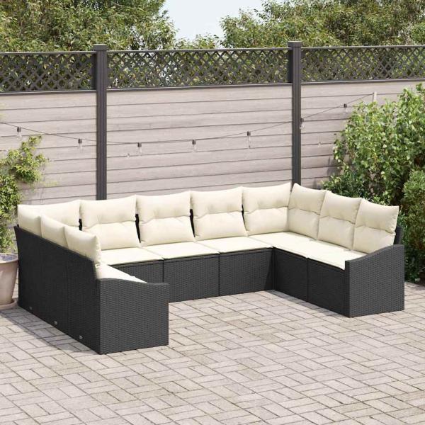 ARDEBO.de - 9-teiliges Garten Essset mit Kissen Schwarz Poly Rattan