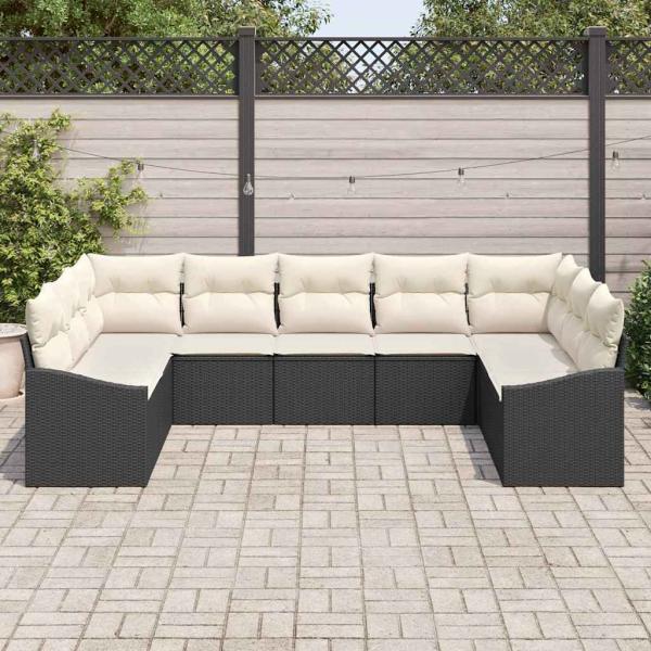 9-teiliges Garten Essset mit Kissen Schwarz Poly Rattan
