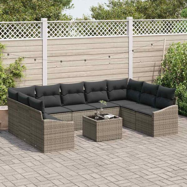 9-teiliges Garten-Essgruppen-Set mit Kissen, Schwarz Poly Rattan