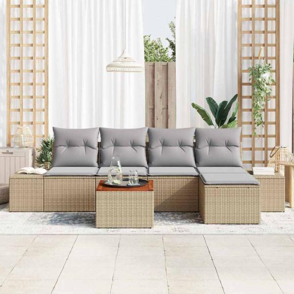 6-teiliges Garten-Sofa-Set mit Kissen Beige Poly-Rattan Akazie