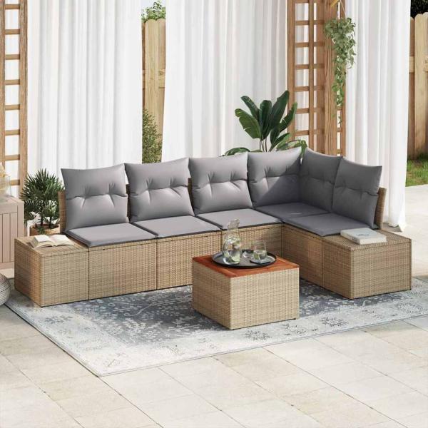 ARDEBO.de - 6-teilige Garten Sofa Set mit Kissen Beige Poly Rattan Akazie