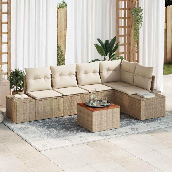 ARDEBO.de - 6-teiliges Garten-Sofa-Set mit Kissen Beige Poly Rattan Akazie