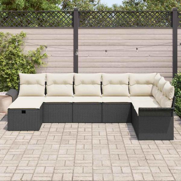 8-teiliges Garten Sofa Set mit Kissen Schwarz Poly Rattan.