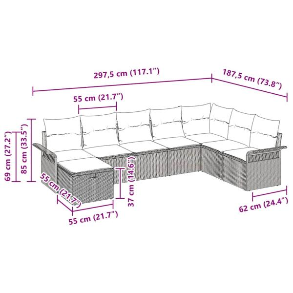8-teiliges Garten Sofa Set mit Kissen Schwarz Poly Rattan.