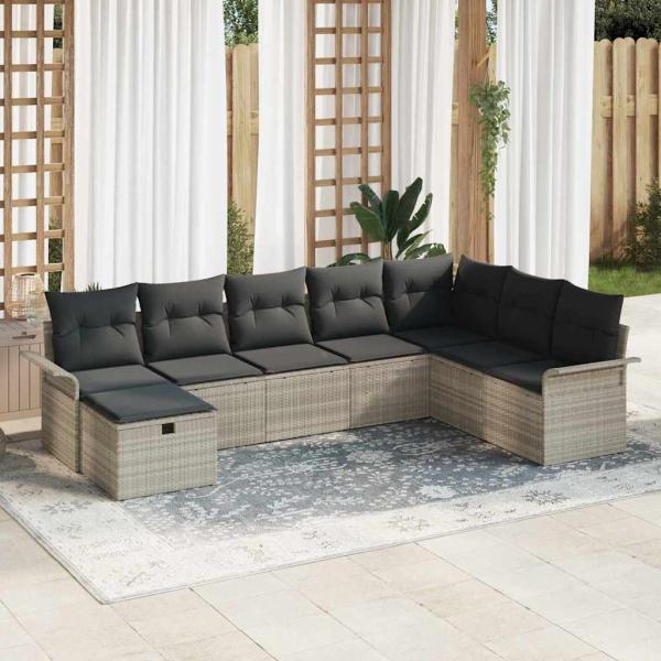 ARDEBO.de - 8-teiliges Garten Sofa Set mit Kissen, Hellgraues Poly Rattan