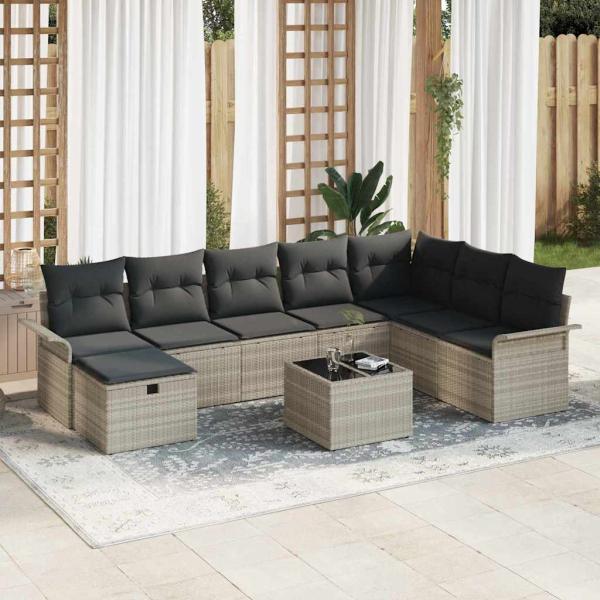 ARDEBO.de - 9-teiliges Garten Sofa Set mit Kissen Hellgrau Poly Rattan