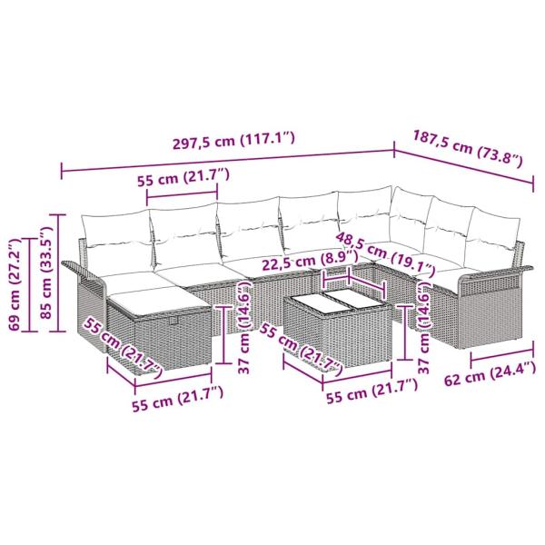9-teiliges Garten Sofa Set mit Kissen Hellgrau Poly Rattan