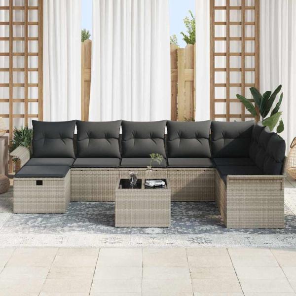 9-teiliges Garten Sofa Set mit Kissen Hellgrau Poly Rattan