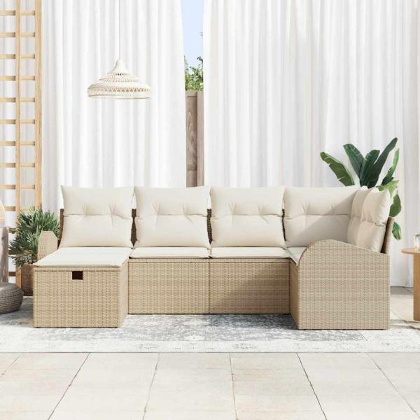 6-teiliges Garten-Sofa-Set mit Kissen Beiger Poly-Rattan