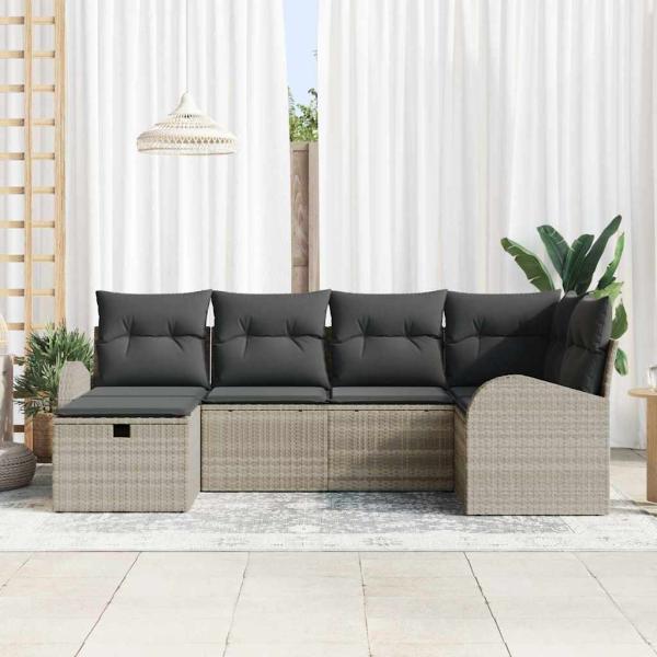 6-teiliges Garten Sofa Set mit Kissen Hellgraues Poly Rattan