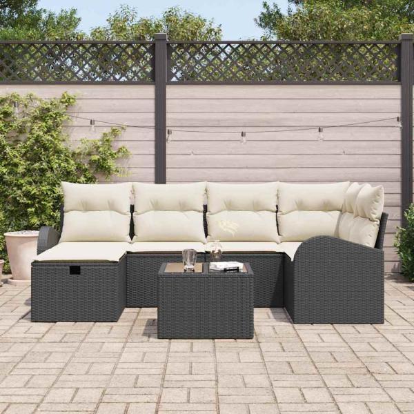 7-teiliges Garten-Sofa-Set mit Kissen Schwarz Poly-Rattan