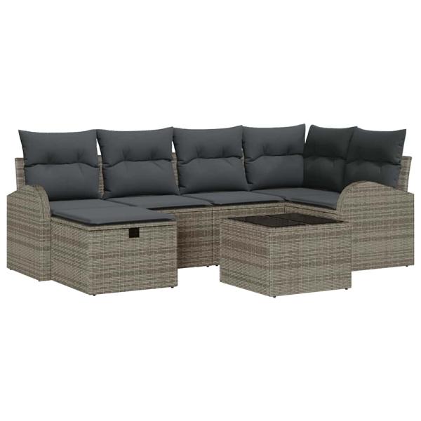 7-teiliges Garten Sofa Set mit Kissen Grau Poly Rattan