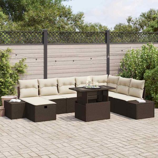 ARDEBO.de - 9-teiliges Garten Sofa Set mit Kissen Braunes Poly Rattan