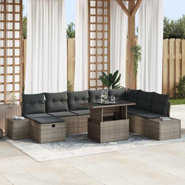 ARDEBO.de - 9-teiliges Garten-Sofaset mit Kissen Grau Poly-Rattan