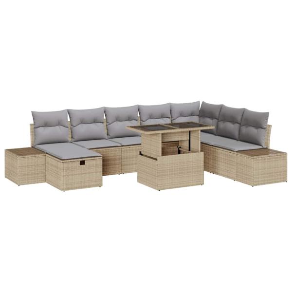 9-teiliges Garten Sofa Set mit Kissen Beige Poly Rattan