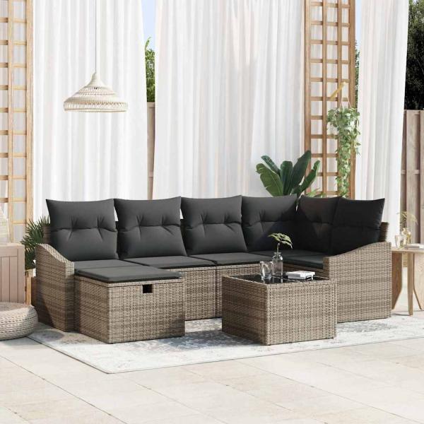 ARDEBO.de - 7-teiliges Garten-Sofa-Set mit Kissen Grau Poly-Rattan