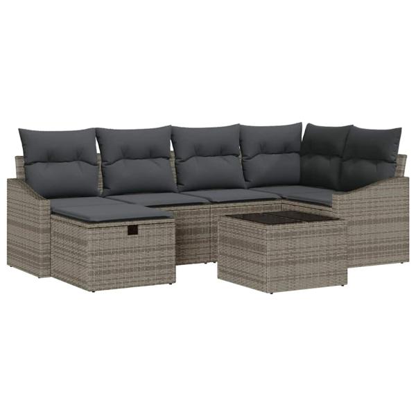 7-teiliges Garten-Sofa-Set mit Kissen Grau Poly-Rattan