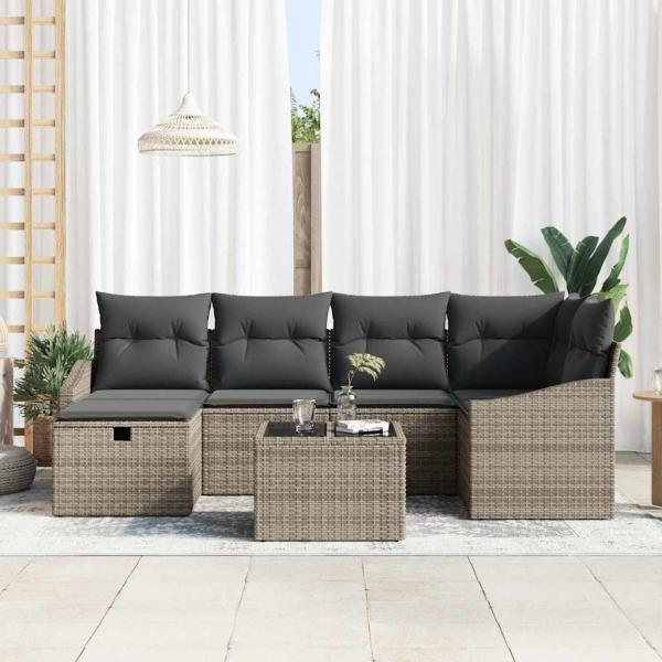 7-teiliges Garten-Sofa-Set mit Kissen Grau Poly-Rattan