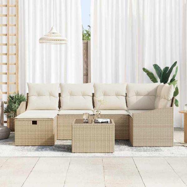 7-teiliges Garten Sofa Set mit Kissen in Beige aus Poly Rattan