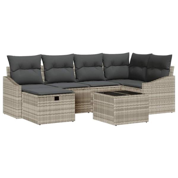7-teiliges Garten Sofa Set mit Kissen Hellgrau Poly Rattan
