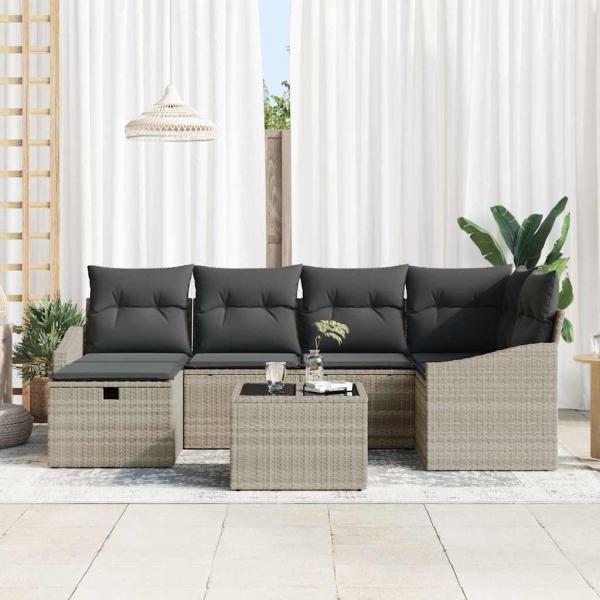 7-teiliges Garten Sofa Set mit Kissen Hellgrau Poly Rattan