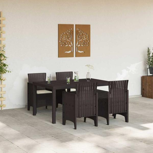 5-teiliges Garten Esszimmer Set mit Kissen Braun Poly Rattan