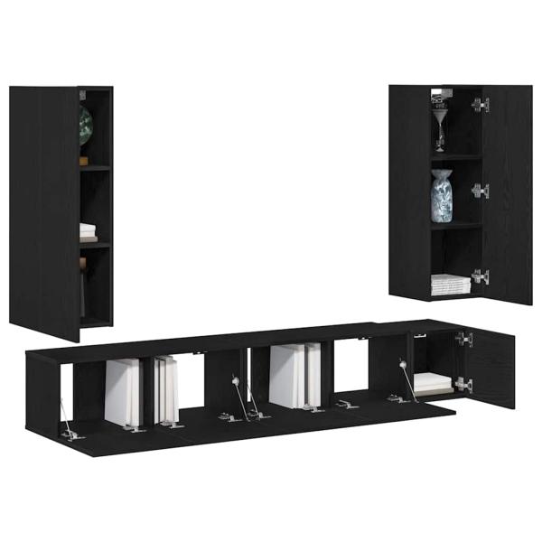5-teiliges TV-Schrank Set wandmontiert Schwarze Eiche Holzwerkstoff, Schwarzer Eichen TV-Ständer 80x30x30 cm aus Holzwerkstoff, Wandmontierte TV-Schränke - 2 Stück Schwarze Eiche, 30.5x30x90 cm, aus Holzwerkstoff, Wandmontierter TV-Schrank in Schwarzer Ei