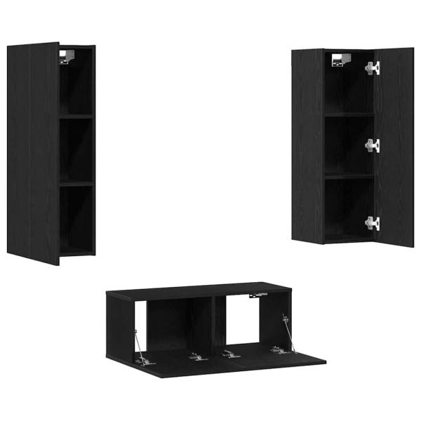3-teiliges TV-Schrank-Wandmontage Schwarze Eiche aus technischem Holz, Schwarzer Eichen-TV-Ständer 80x30x30 cm aus technischem Holz, Wandmontierte TV-Schränke - 2 Stk. Schwarze Eiche, 30.5x30x90 cm, aus technischem Holz