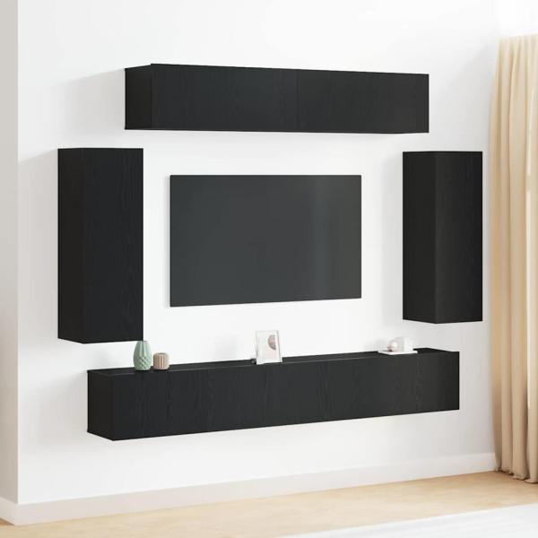 ARDEBO.de - 6-teiliges TV-Schranksystem - Technisch entwickeltes Holz mit antiker Holzoberfläche, Schwarzer Eichen TV-Ständer 80x30x30 cm - Aus technisch entwickeltem Holz, Wandmontierte TV-Schränke - 2 Stück in Schwarzer Eiche, 30,5x30x90 cm, Aus technis